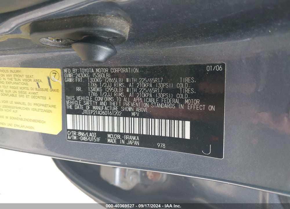 2006 TOYOTA HIGHLANDER LIMITED V6 VIN: JTEEP21A260161202