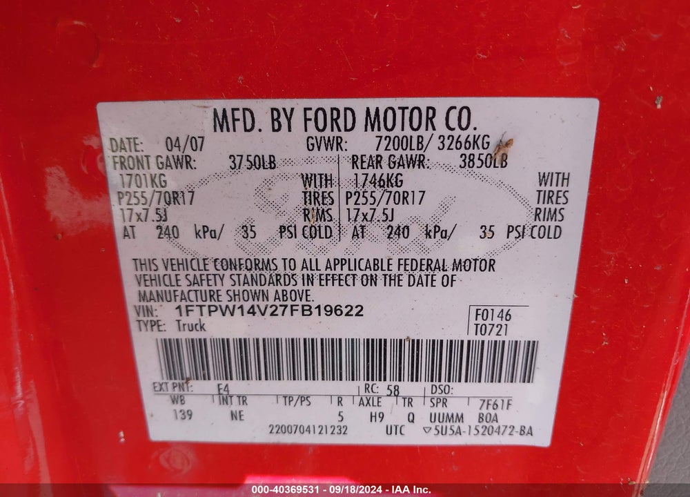 2007 FORD F-150 FX4/LARIAT/XLT VIN: 1FTPW14V27FB19622