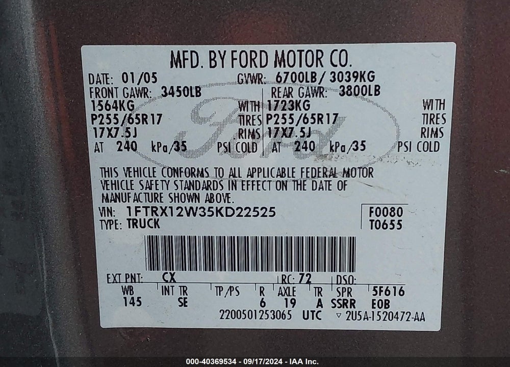 2005 FORD F-150 STX/XL/XLT VIN: 1FTRX12W35KD22525