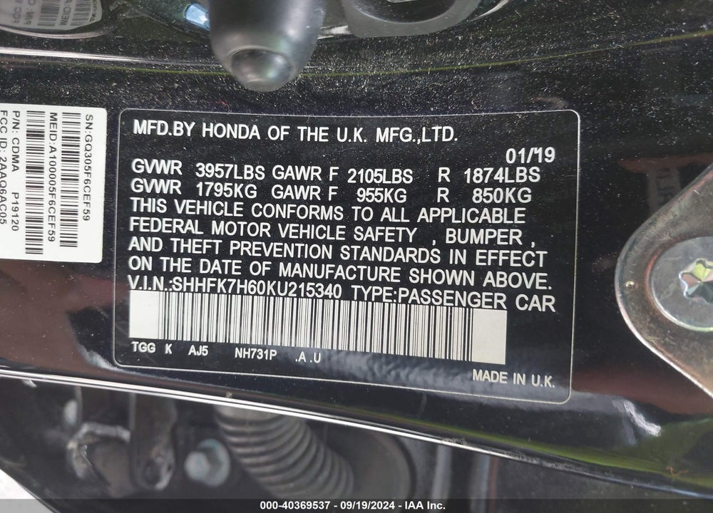 2019 HONDA CIVIC EX VIN: SHHFK7H60KU215340