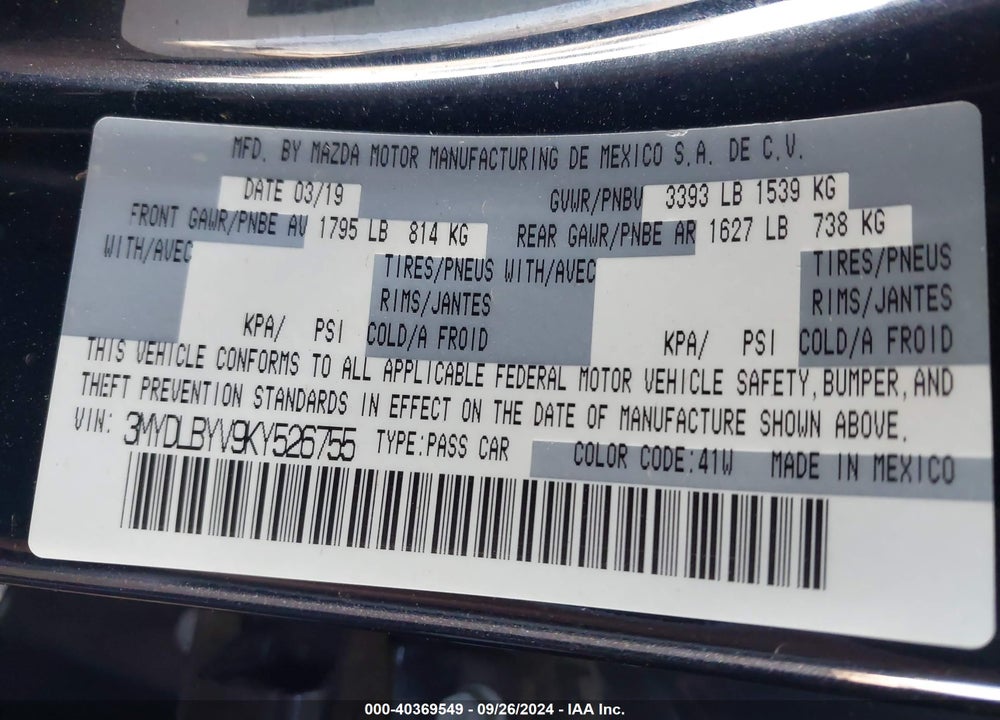 2019 TOYOTA YARIS LE VIN: 3MYDLBYV9KY526755