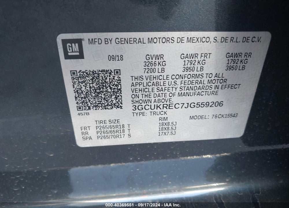2018 CHEVROLET SILVERADO 1500 2LT VIN: 3GCUKREC7JG559206