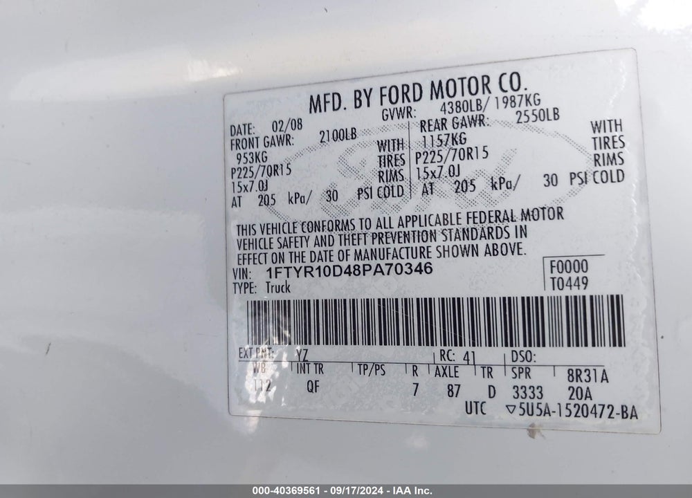 2008 FORD RANGER XL/XLT VIN: 1FTYR10D48PA70346