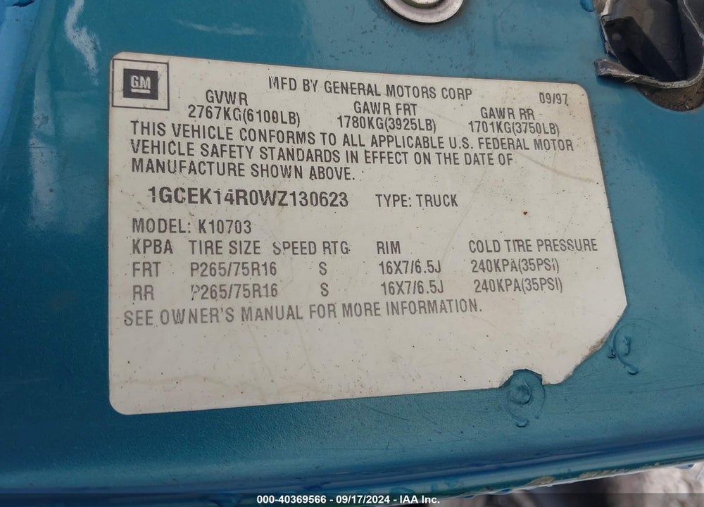 1998 CHEVROLET K1500 FLEETSIDE VIN: 1GCEK14R0WZ130623