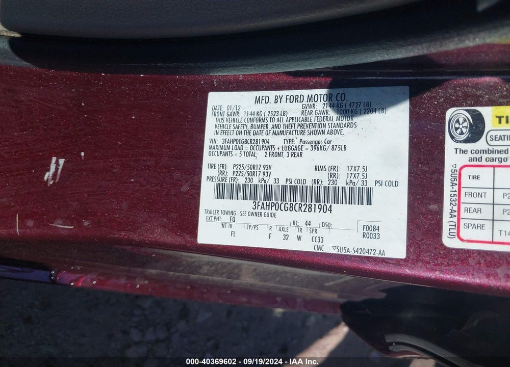 2012 FORD FUSION SEL VIN: 3FAHP0CG8CR281904