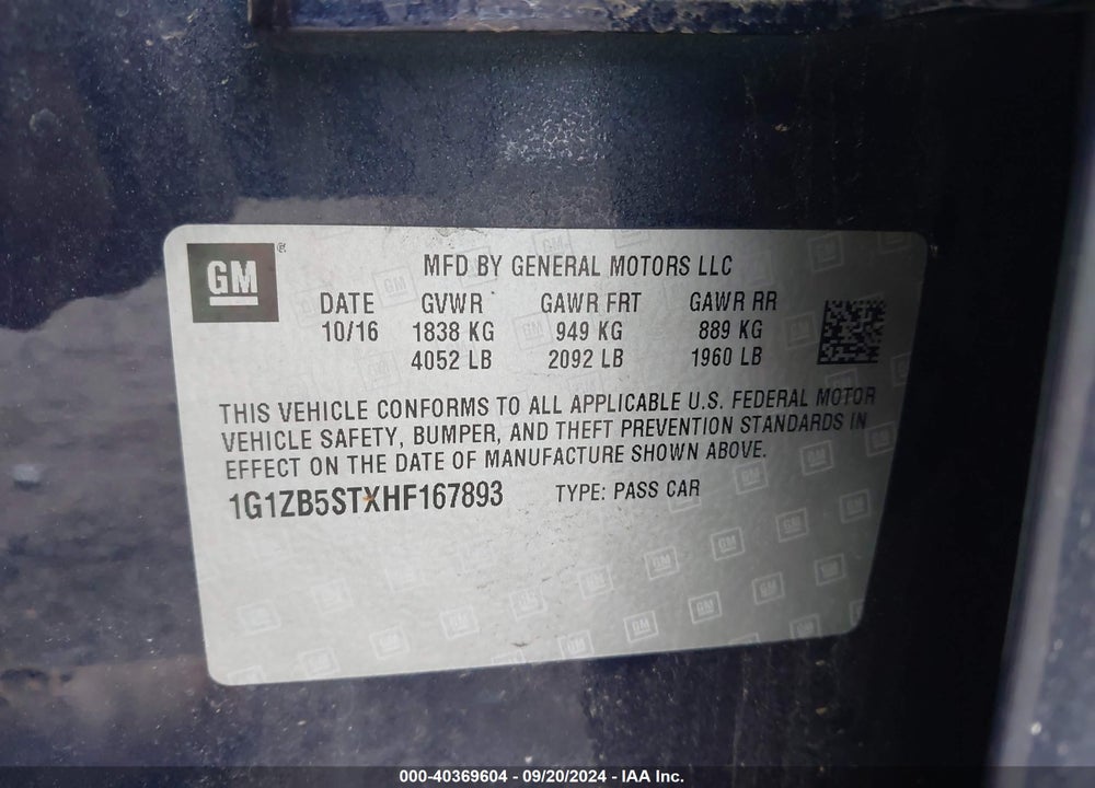 2017 CHEVROLET MALIBU LS VIN: 1G1ZB5STXHF167893