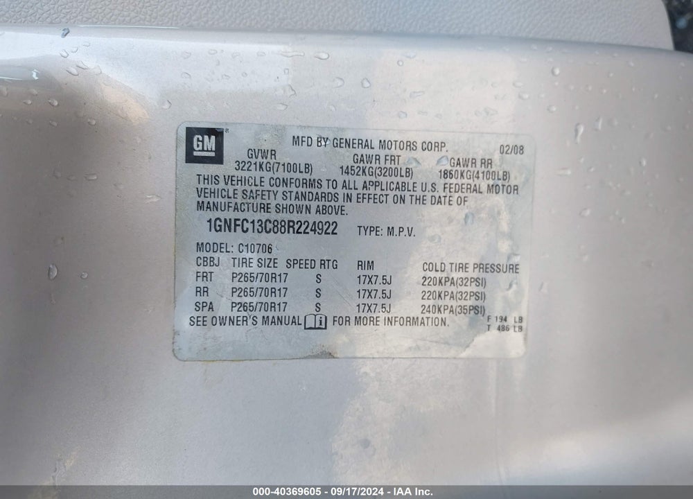 2008 CHEVROLET TAHOE LS VIN: 1GNFC13C88R224922