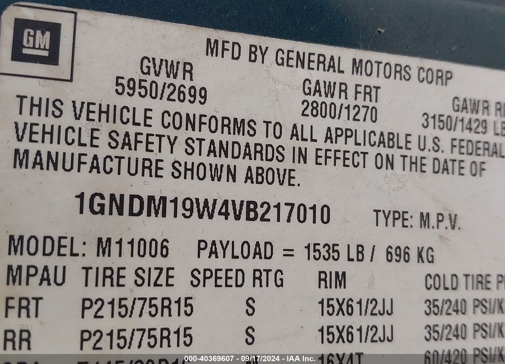 1997 CHEVROLET ASTRO LS CMI VIN: 1GNDM19W4VB217010