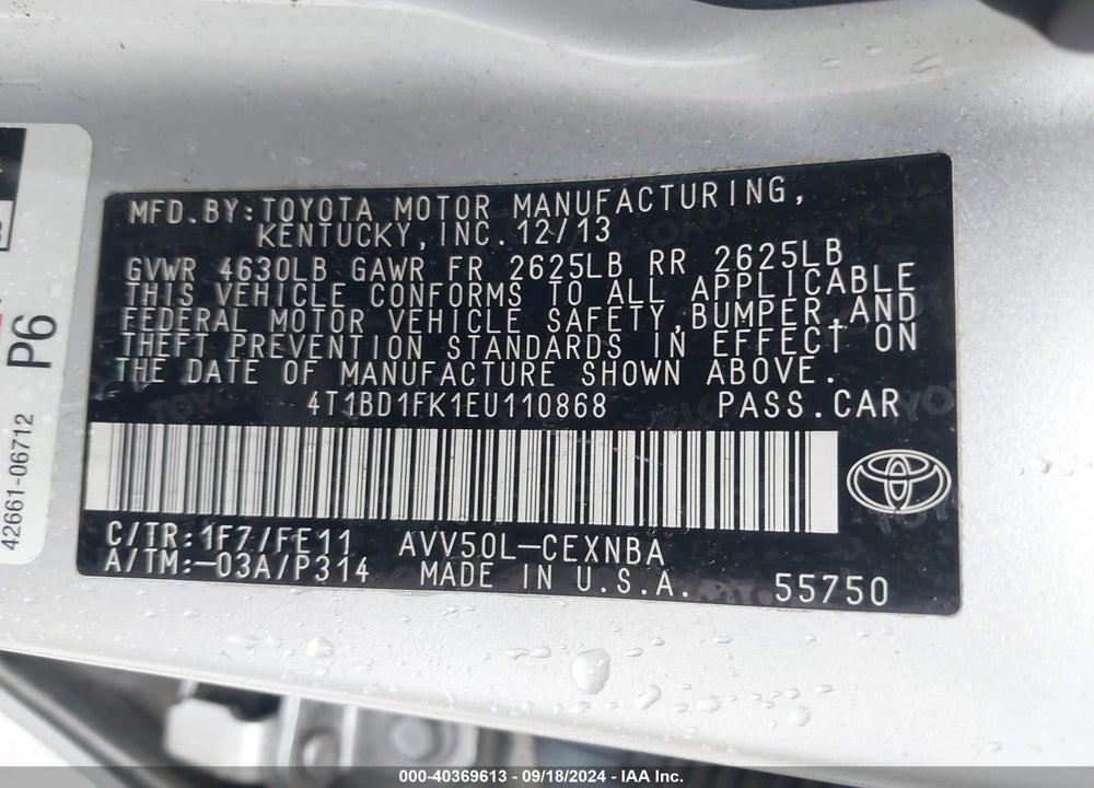 2014 TOYOTA CAMRY HYBRID LE VIN: 4T1BD1FK1EU110868