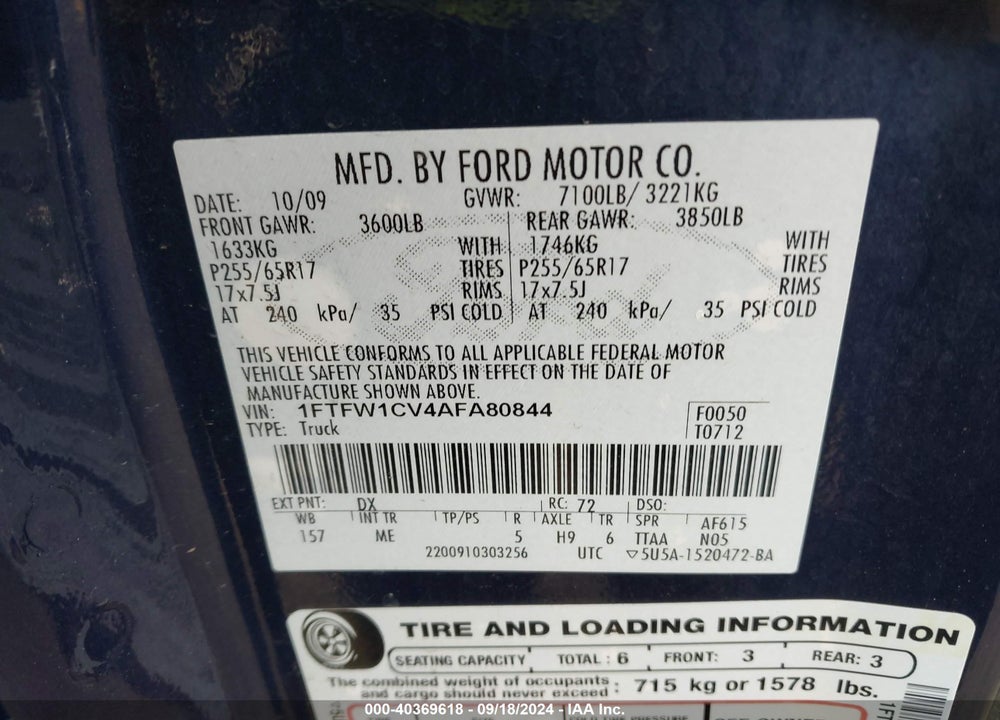 2010 FORD F-150 FX2 SPORT/HARLEY-DAVIDSON/KING RANCH/LARIAT/PLATINUM/XL/XLT VIN: 1FTFW1CV4AFA80844
