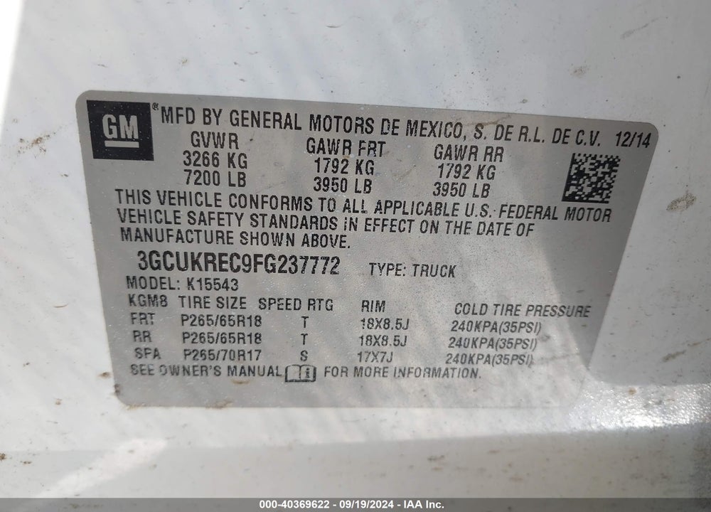 2015 CHEVROLET SILVERADO 1500 1LT VIN: 3GCUKREC9FG237772