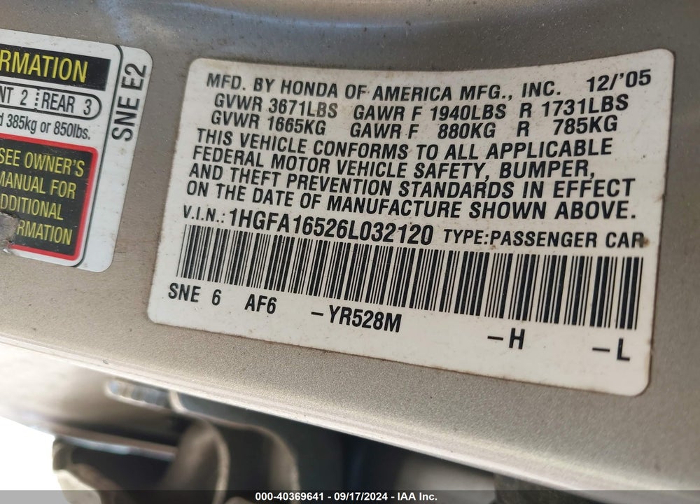 2006 HONDA CIVIC LX VIN: 1HGFA16526L032120