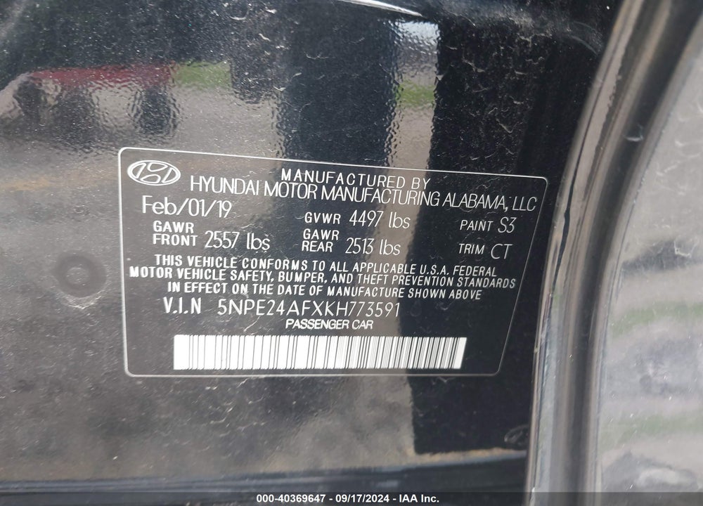 2019 HYUNDAI SONATA SE VIN: 5NPE24AFXKH773591