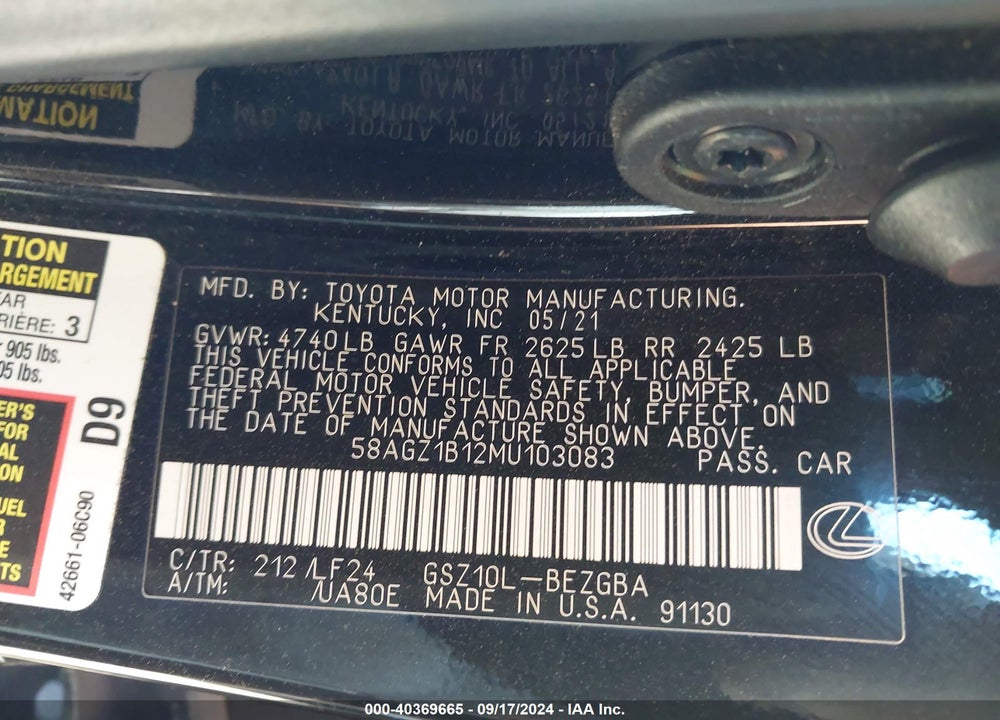 2021 LEXUS ES 350 F-SPORT VIN: 58AGZ1B12MU103083