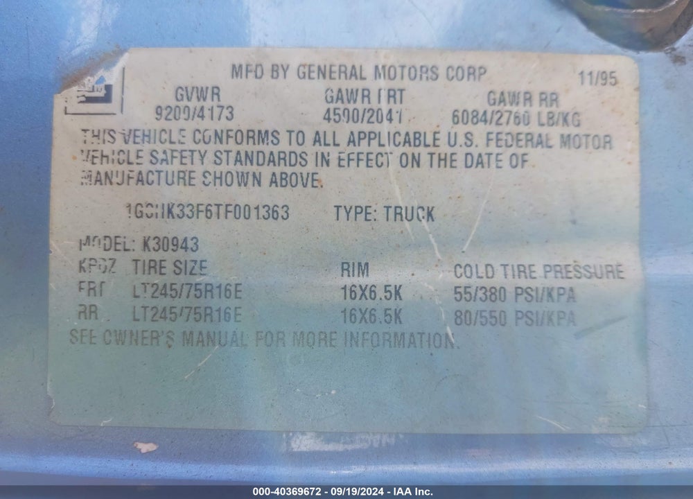1996 CHEVROLET GMT-400 K3500 VIN: 1GCHK33F6TF001363