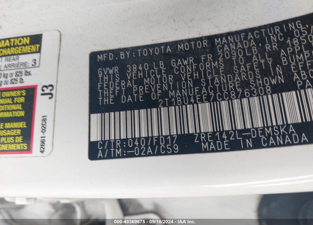 2012 TOYOTA COROLLA S VIN: 2T1BU4EE7CC876308