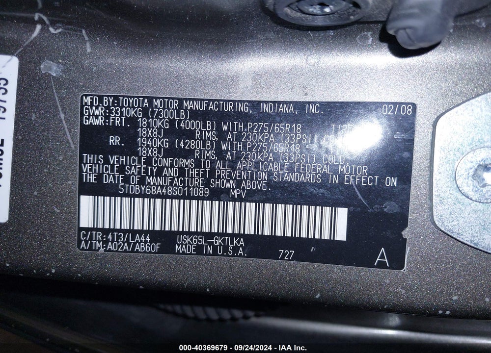 2008 TOYOTA SEQUOIA LIMITED 5.7L V8 VIN: 5TDBY68A48S011089