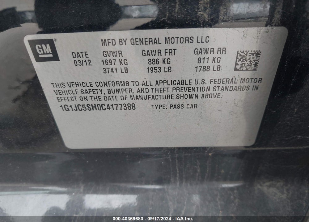 2012 CHEVROLET SONIC 2LT VIN: 1G1JC5SH0C4177388