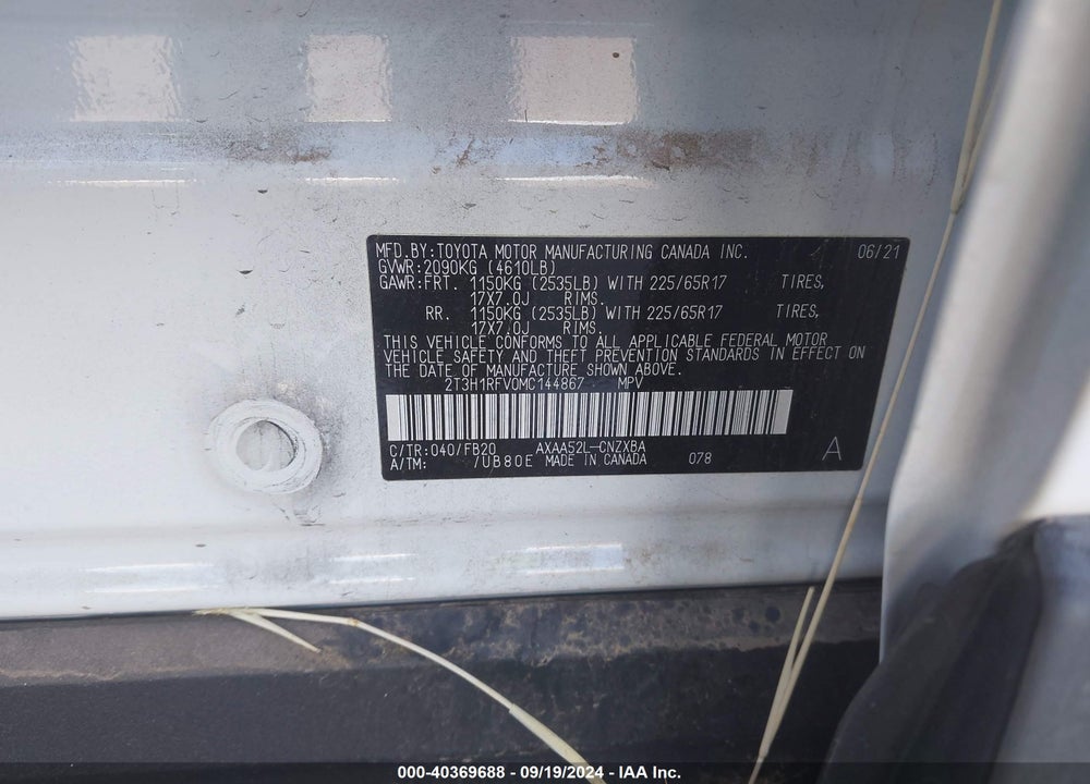 2021 TOYOTA RAV4 LE VIN: 2T3H1RFV0MC144867
