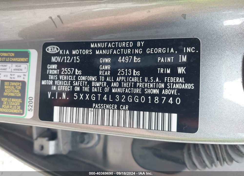 2016 KIA OPTIMA LX VIN: 5XXGT4L32GG018740