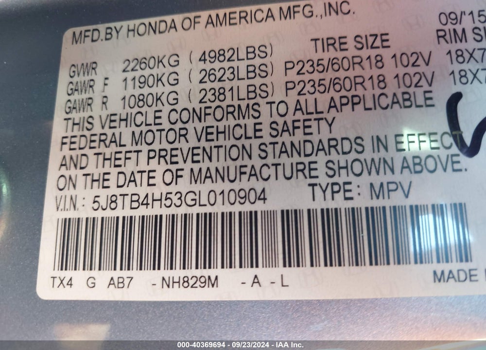 2016 ACURA RDX TECHNOLOGY   WATCH PLUS PACKAGES/TECHNOLOGY PACKAGE VIN: 5J8TB4H53GL010904