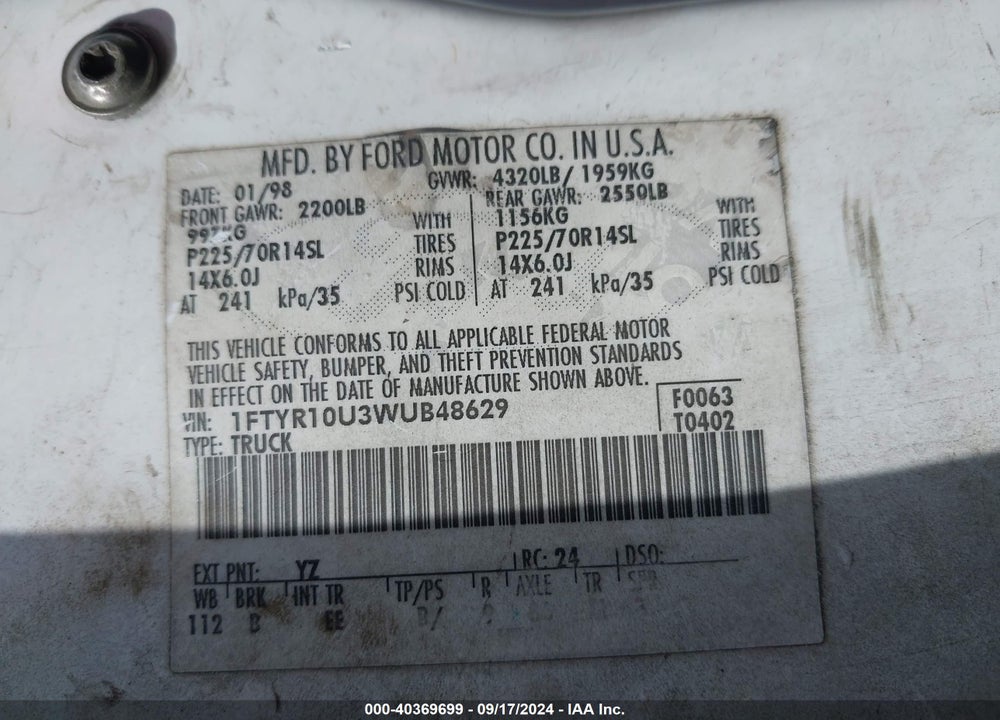 1998 FORD RANGER SPLASH/XL/XLT VIN: 1FTYR10U3WUB48629