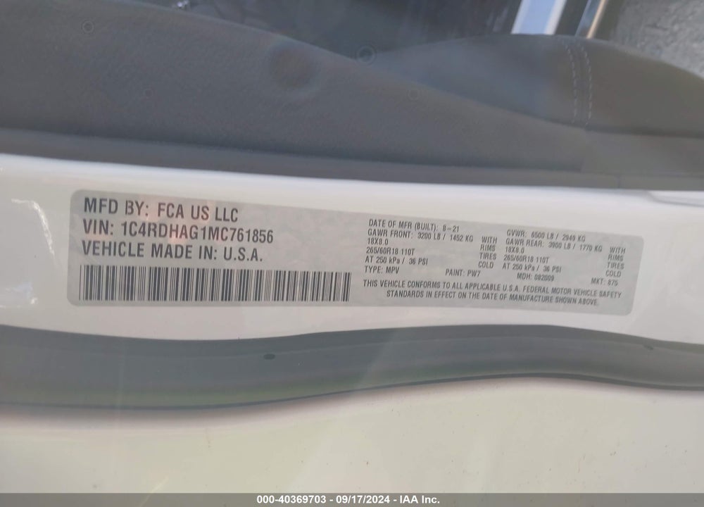 2021 DODGE DURANGO SXT RWD VIN: 1C4RDHAG1MC761856
