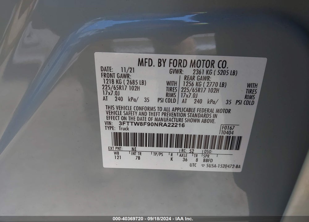 2022 FORD MAVERICK XLT VIN: 3FTTW8F90NRA22216