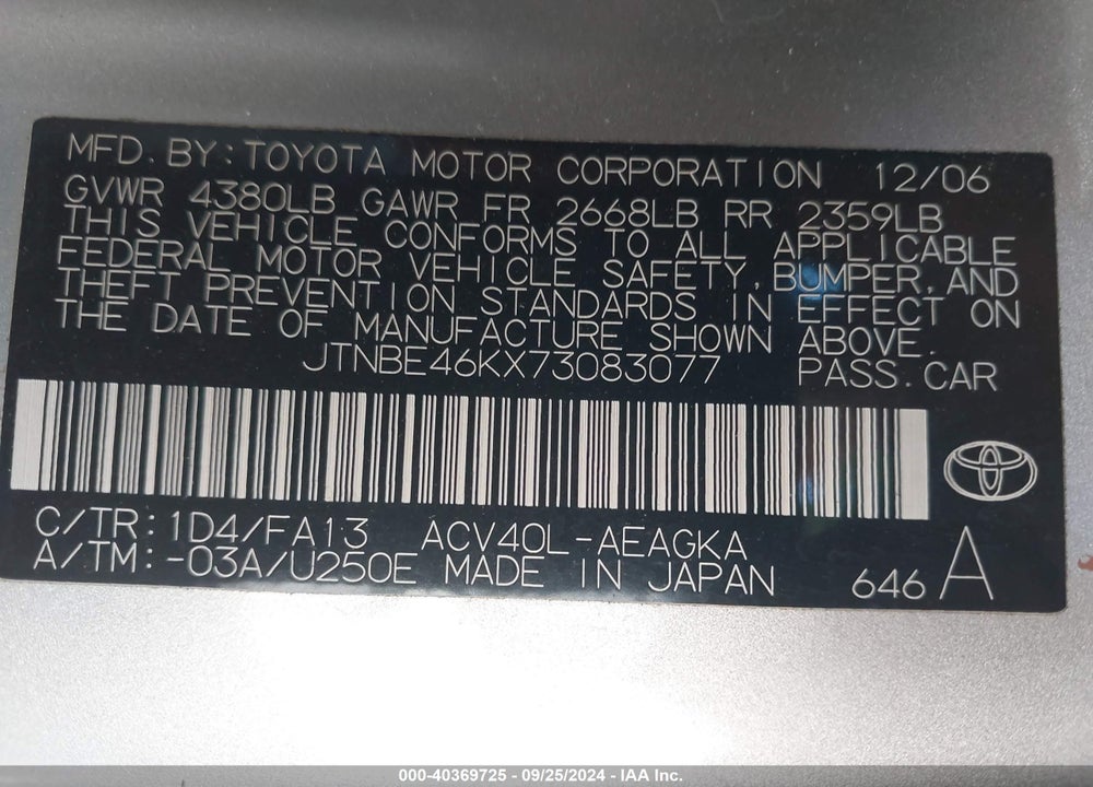 2007 TOYOTA CAMRY XLE VIN: JTNBE46KX73083077