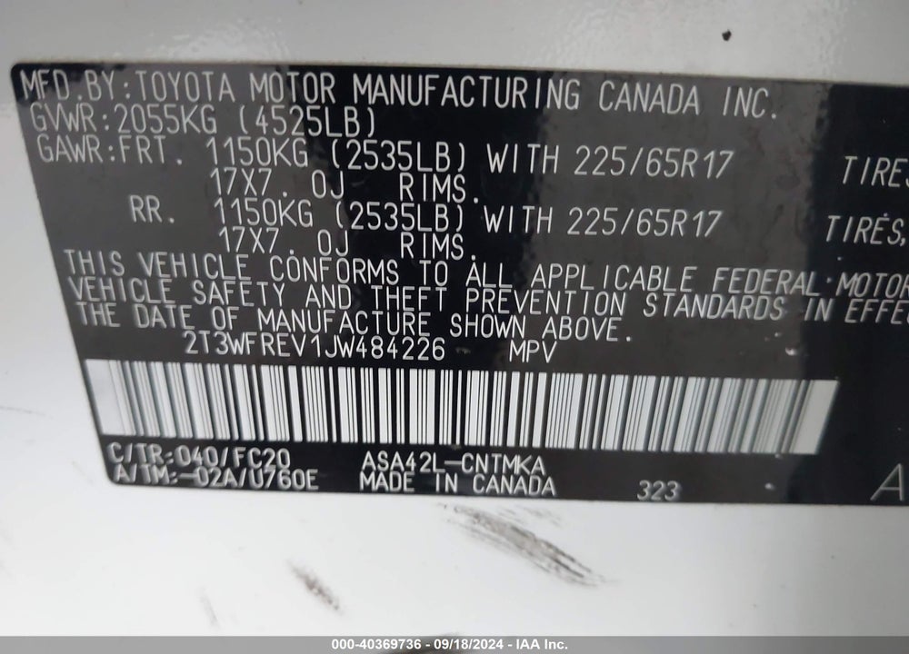 2018 TOYOTA RAV4 XLE VIN: 2T3WFREV1JW484226