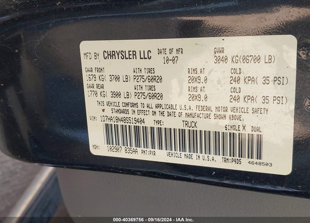 2008 DODGE RAM 1500 SLT VIN: 1D7HA18N48S519404