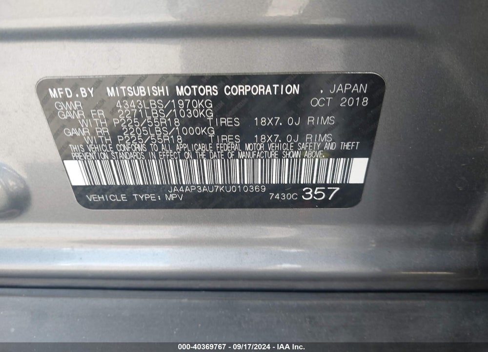 2019 MITSUBISHI OUTLANDER SPORT 2.0 ES/2.0 LE/2.0 SP VIN: JA4AP3AU7KU010369