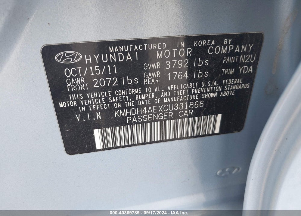 2012 HYUNDAI ELANTRA GLS (ULSAN PLANT) VIN: KMHDH4AEXCU331866