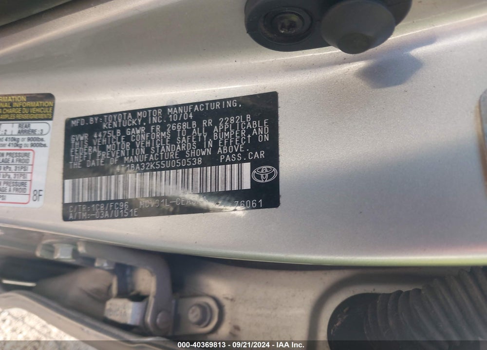 2005 TOYOTA CAMRY SE V6 VIN: 4T1BA32K55U050538