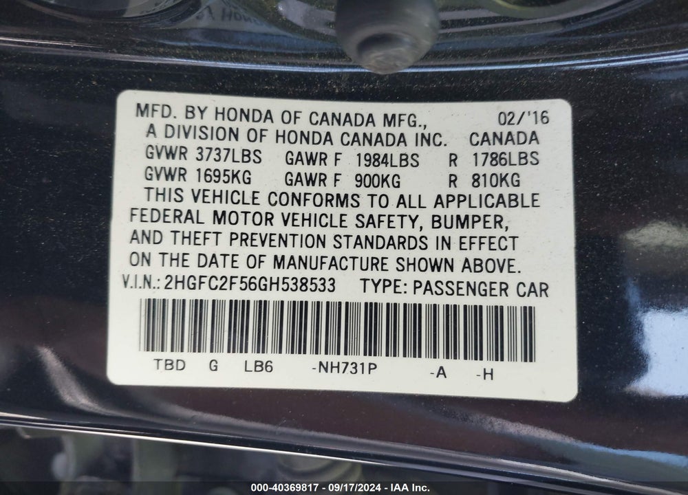 2016 HONDA CIVIC LX VIN: 2HGFC2F56GH538533
