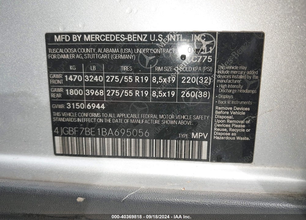 2011 MERCEDES-BENZ GL 450 4MATIC VIN: 4JGBF7BE1BA695056