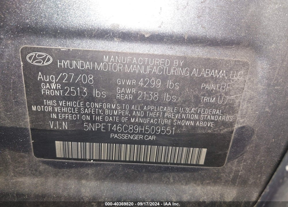2009 HYUNDAI SONATA GLS VIN: 5NPET46C89H509551