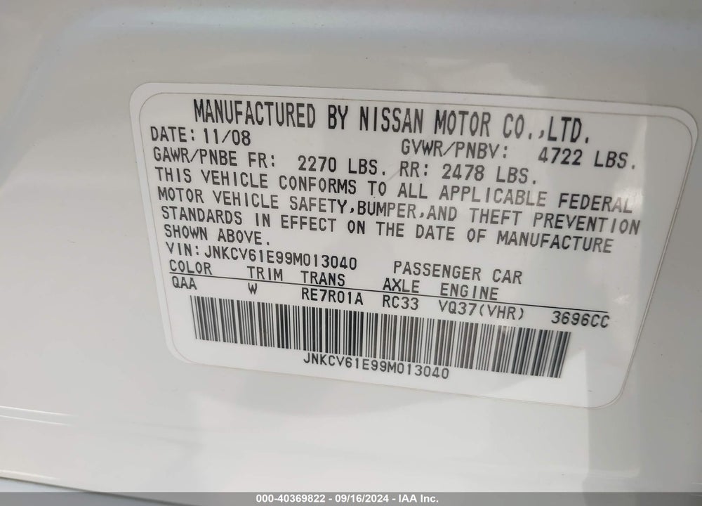 2009 INFINITI G37 JOURNEY VIN: JNKCV61E99M013040