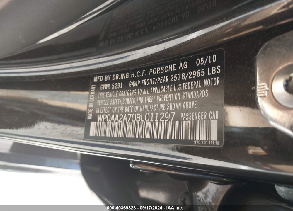 2011 PORSCHE PANAMERA 4 VIN: WP0AA2A70BL011297