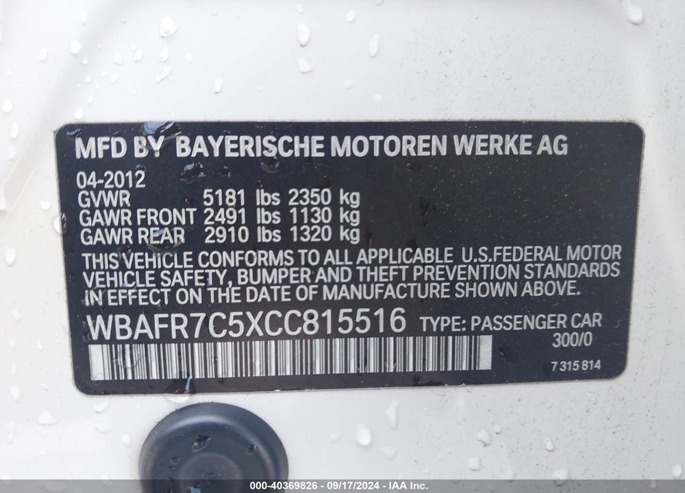 2012 BMW 535I VIN: WBAFR7C5XCC815516