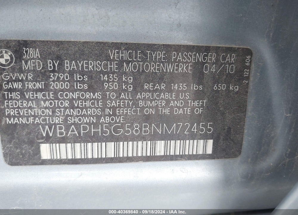 2011 BMW 328I VIN: WBAPH5G58BNM72455
