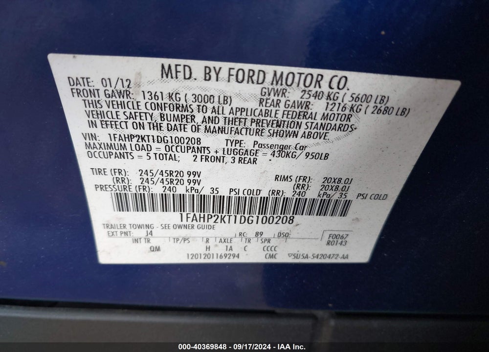 2013 FORD TAURUS SHO VIN: 1FAHP2KT1DG100208