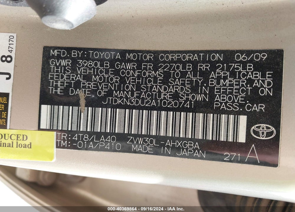 2010 TOYOTA PRIUS IV VIN: JTDKN3DU2A1020741