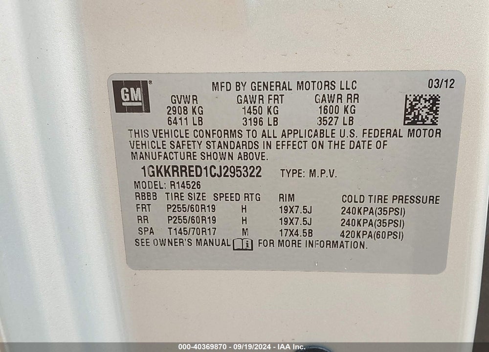 2012 GMC ACADIA SLT-1 VIN: 1GKKRRED1CJ295322