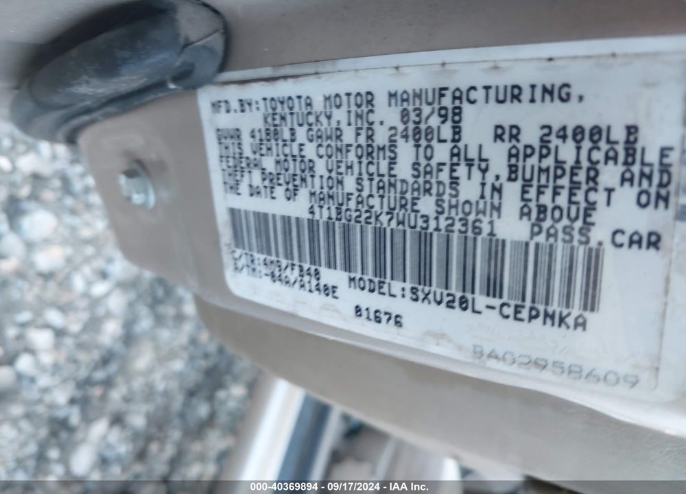 1998 TOYOTA CAMRY LE VIN: 4T1BG22K7WU312361
