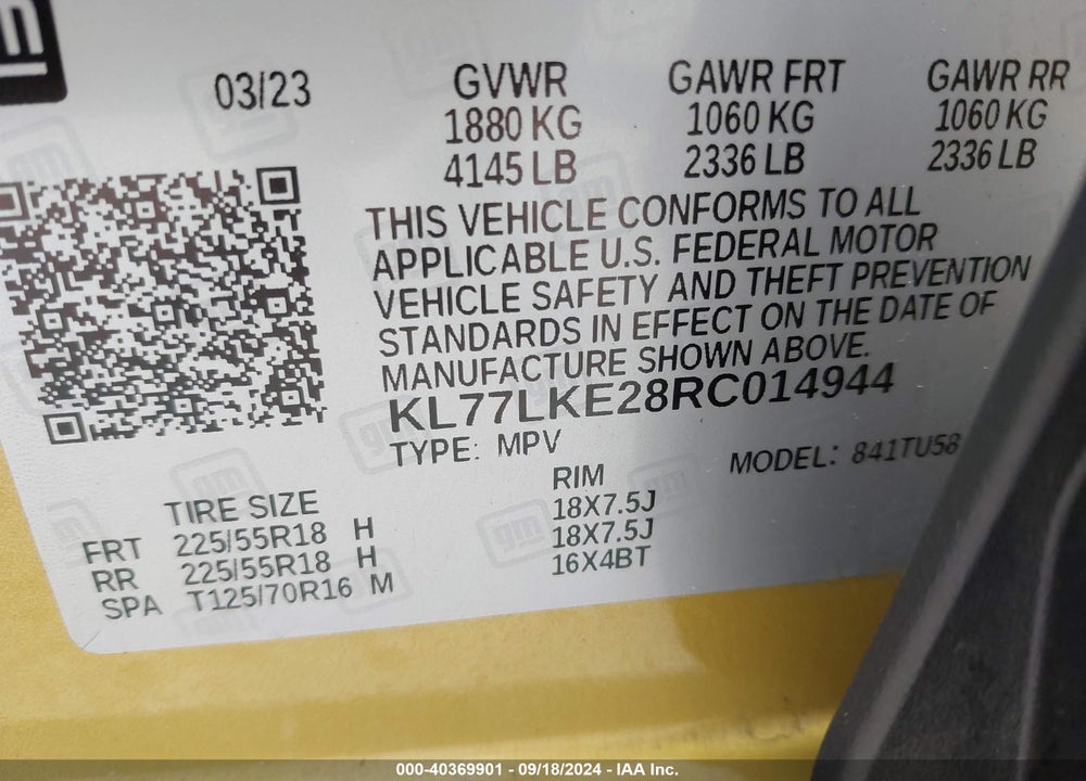 2024 CHEVROLET TRAX FWD ACTIV VIN: KL77LKE28RC014944