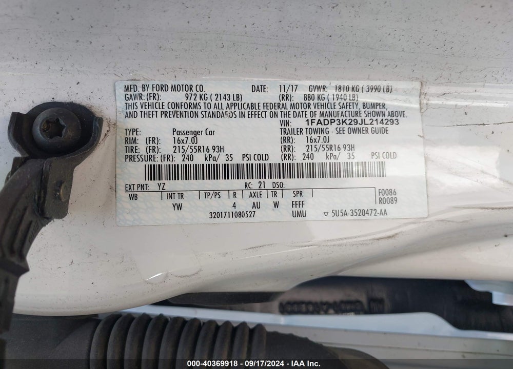 2018 FORD FOCUS SE VIN: 1FADP3K29JL214293