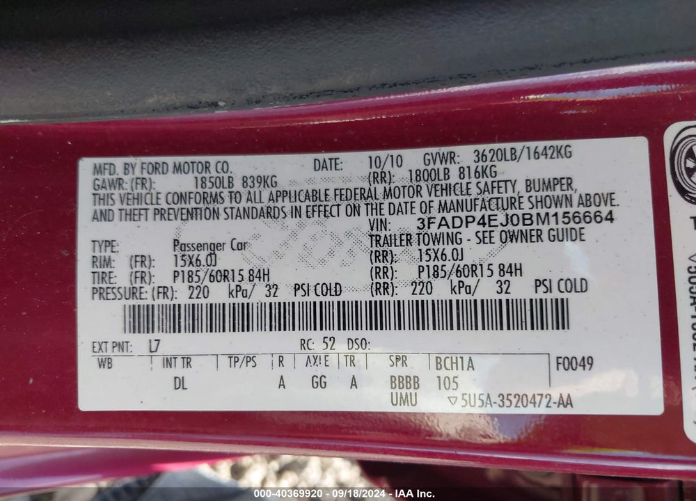 2011 FORD FIESTA SE VIN: 3FADP4EJ0BM156664