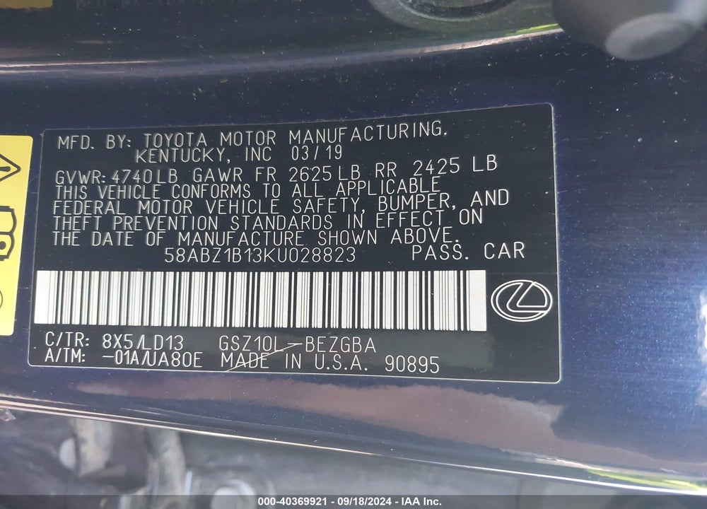 2019 LEXUS ES 350 VIN: 58ABZ1B13KU028823