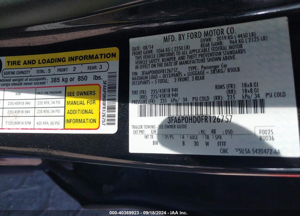 2015 FORD FUSION SE VIN: 3FA6P0HD0FR126757